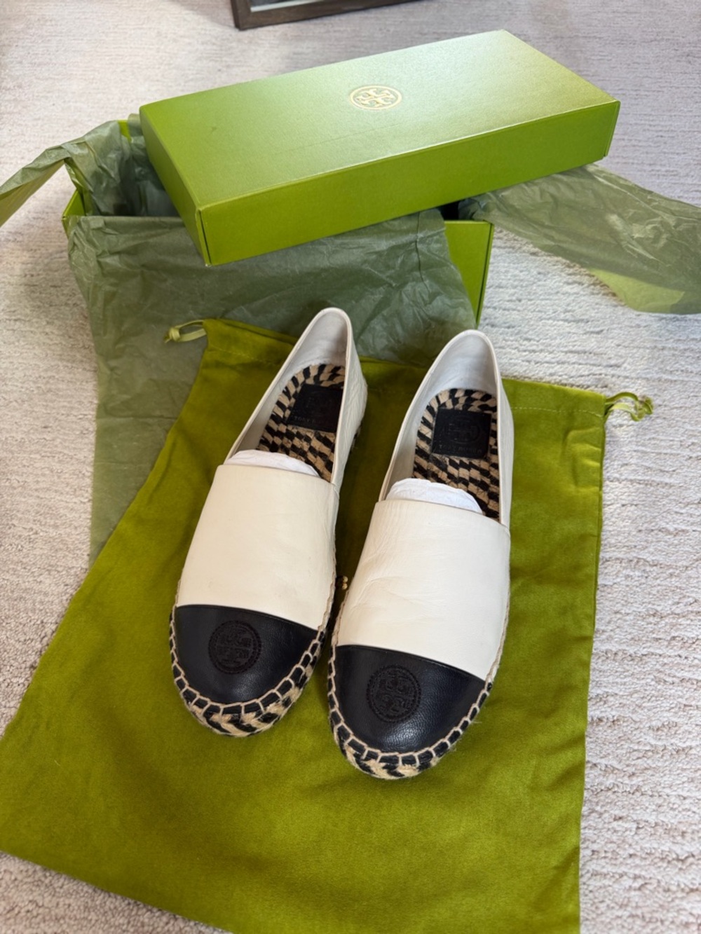 Tory Burch White Leather Espadrilles with Black Cap Toe